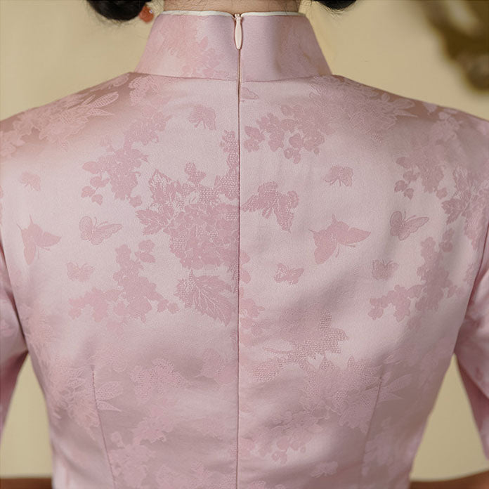 2023 Pink Jacquard Midi Qipao Cheongsam Dress