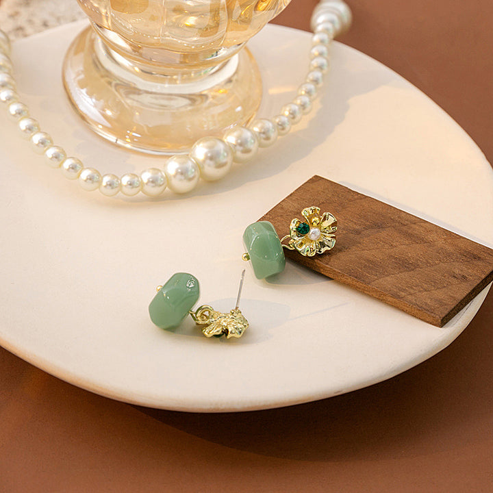 Green Jade Alloy Flower Dangle Drop Earrings