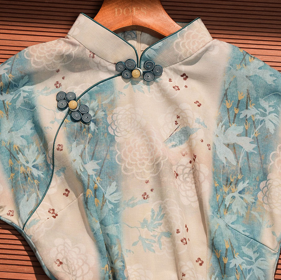 Blue Floral Tencel Linen Cheongsam Qipao Dress