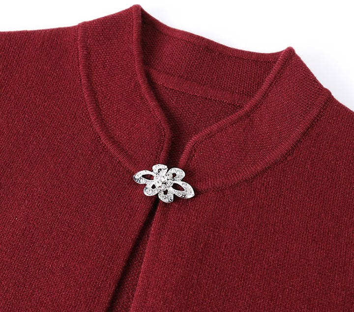 Red Beige Embroidered Knit Women Mothers Sweater Jacket Top