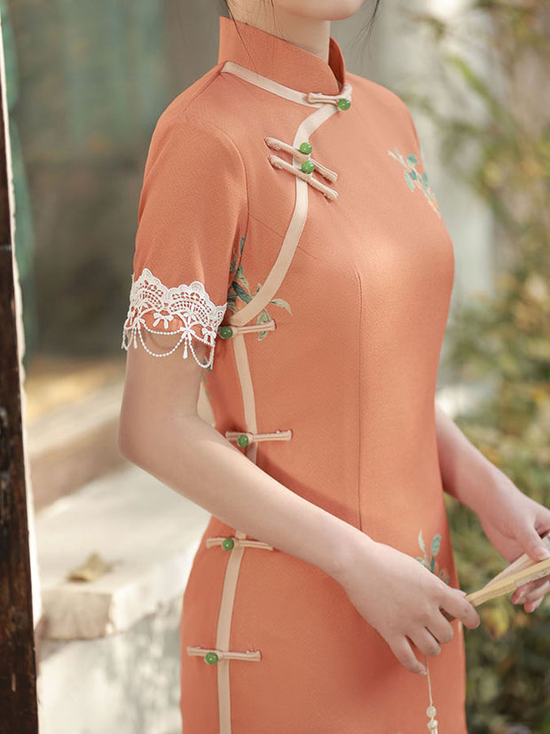 Orange Beige Floral Midi Qipao Cheongsam Dress