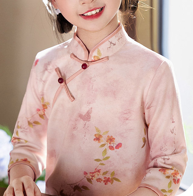 Pink Floral Suede Kids Girls Winter Qipao Cheongsam Dress