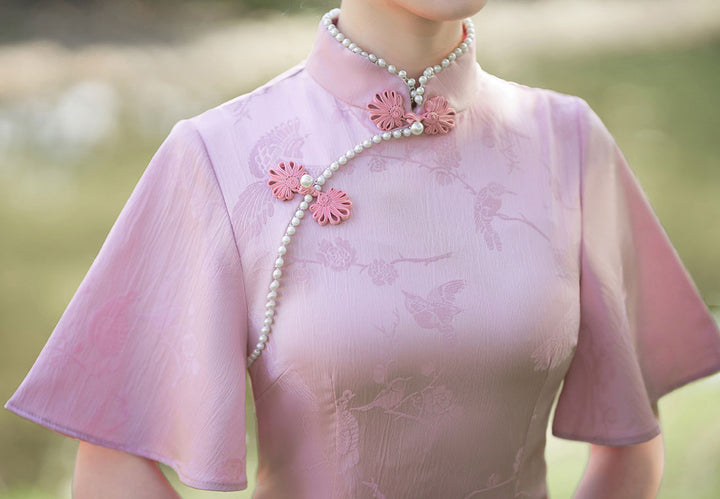 Pink Yellow Jacquard Flutter Sleeve Cheongsam Qi Pao Dress