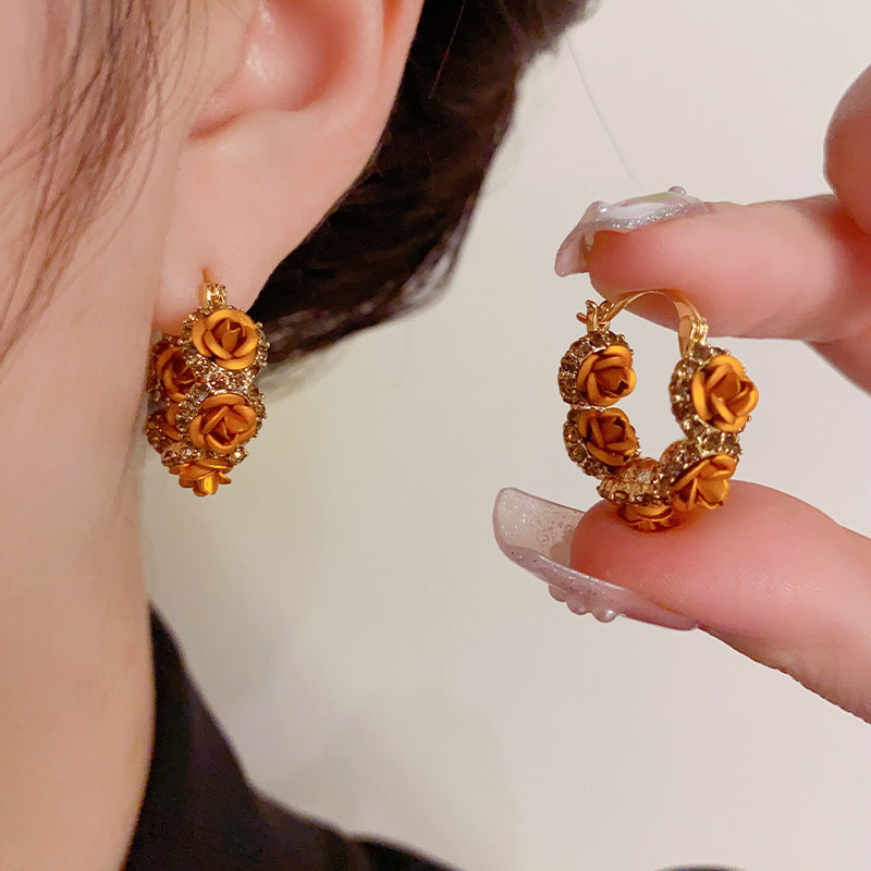 Rhinestone Enamel Flower Zirconia Hoop Earrings