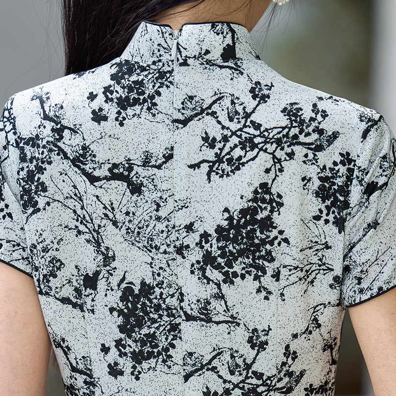2025 Gray Floral Print Cheongsam Qipao Dress
