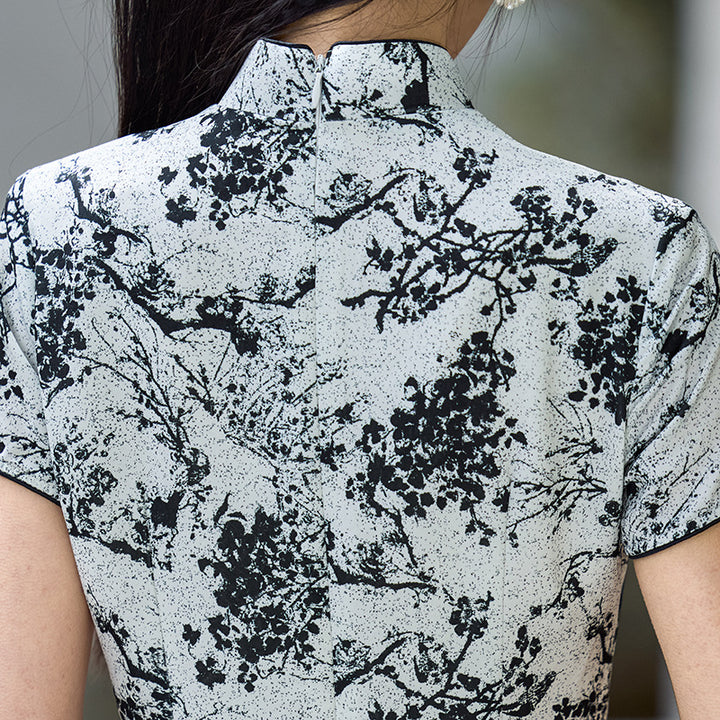 2025 Gray Floral Print Cheongsam Qipao Dress