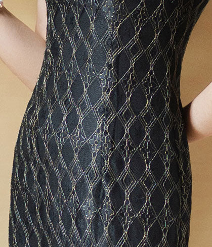 Black Plaid Lace Midi Fishtail Qipao Cheongsam Dress