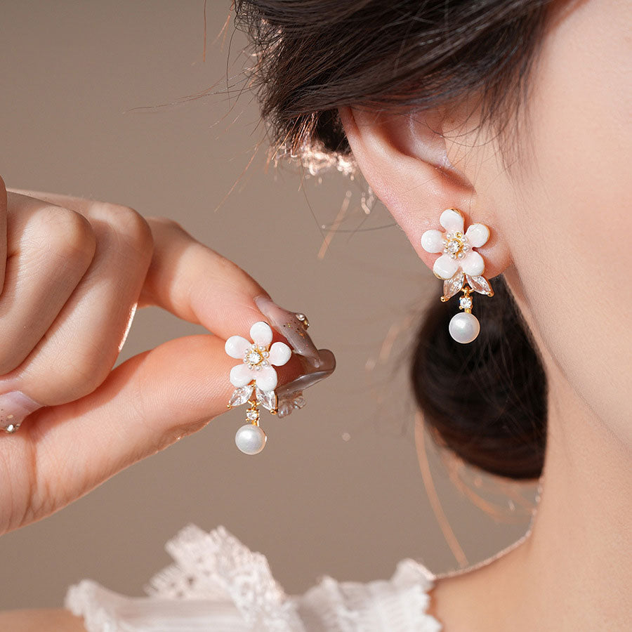 Zircon Flower Alloy Dangle Drop Earrings