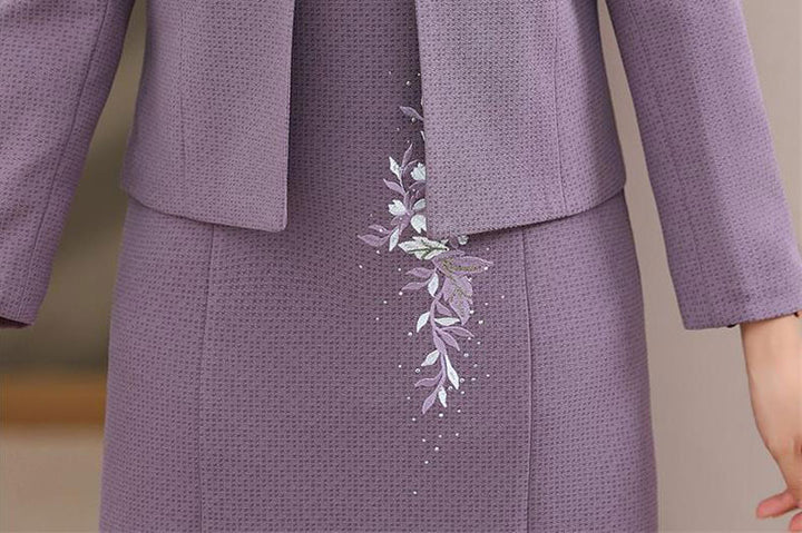 2 Pics Mothers Embroidered Winter Purple Cheongsam Dress & Jacket