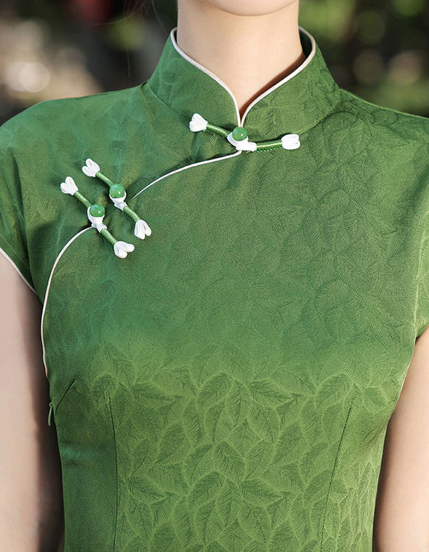 2024 Green Leaf Jacquard Qipao Cheongsam Dress