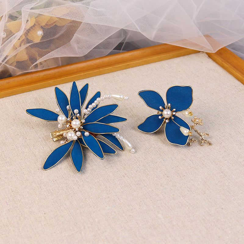 3 Pcs Blue Wedding Flower Hair Clips Pins & Earrings