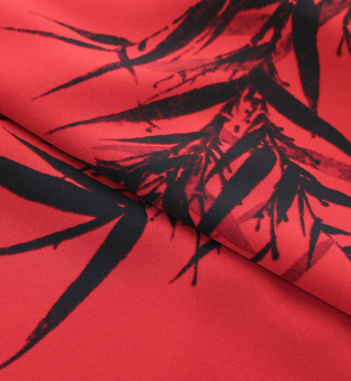 Red Bamboo Print Midi Cheongsam Qipao Dress