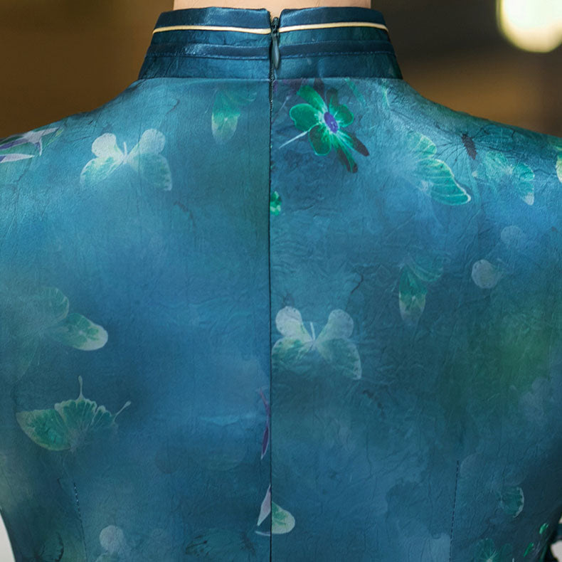 Blue Floral Print Silk Long Qipao Cheongsam Dress