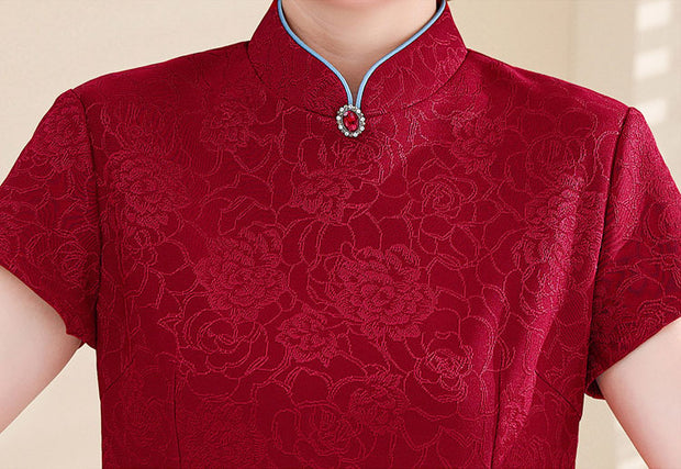 2 Pieces Red Bride Mothers Jacquard Cheongsam Qipao Dress & Jacket