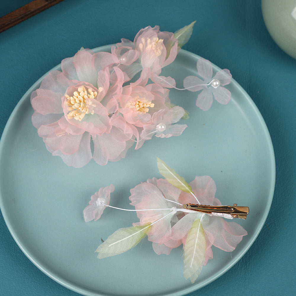 2 Pcs Pink Fabrics Flower Hair Pins Clips