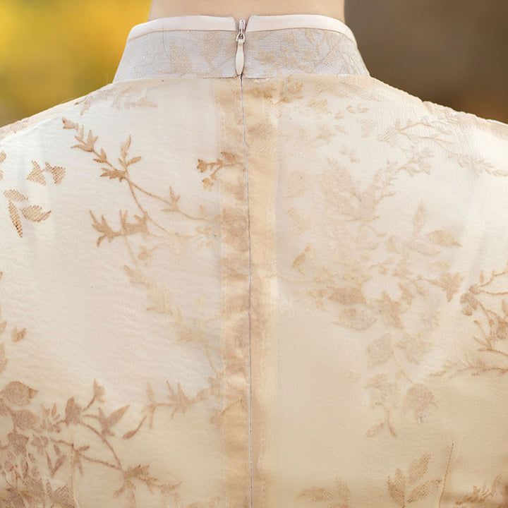 Green Yellow Floral Mulberry Silk Qipao Cheongsam Dress