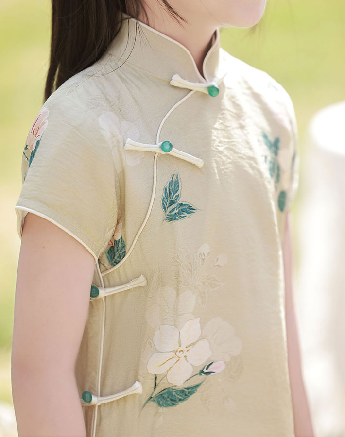 2023 Mom Daughter Matching Floral Linen Qipao Cheongsam Dress