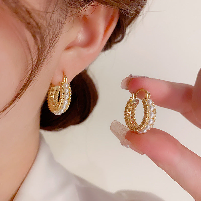 Gold Zirconia Plated Pearls Hoop Earrings