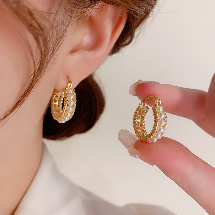 Gold Zirconia Plated Pearls Hoop Earrings