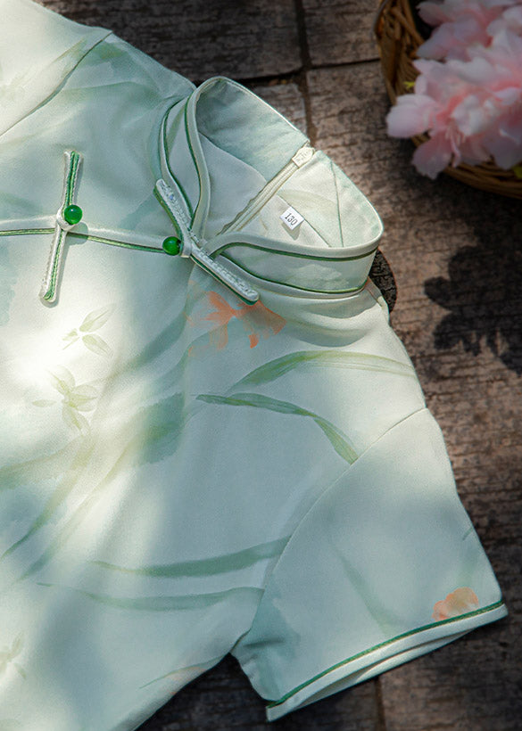 Green Floral Chiffon Kids Girls Qipao Cheongsam Dress