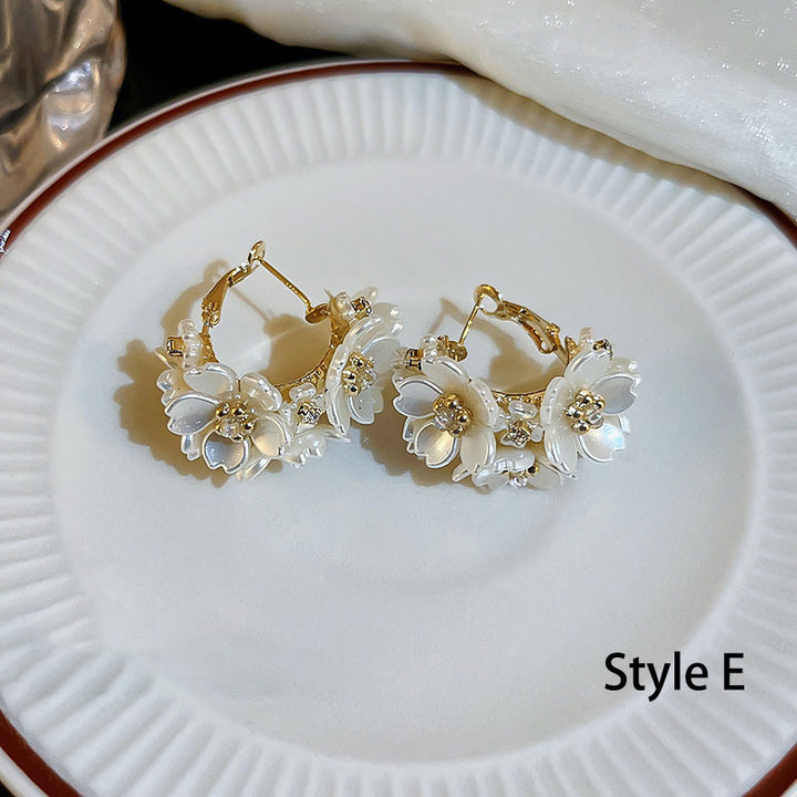 Shell Flower Ball Hoop Crystal Pearls Dangle Drop Earrings