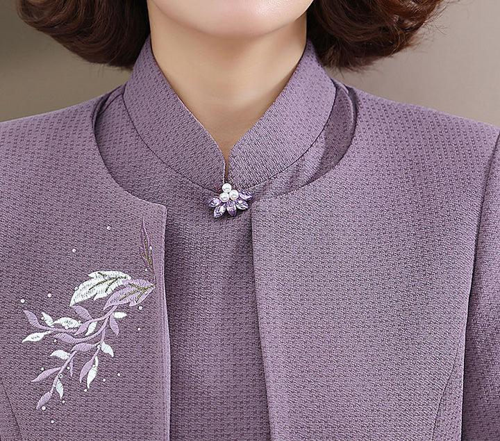 2 Pics Mothers Embroidered Winter Purple Cheongsam Dress & Jacket