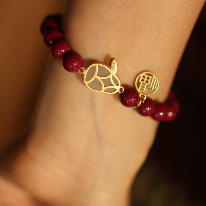 Cinnabar Silver Chinese Zodiac Rabbit Woman Beads Bracelets