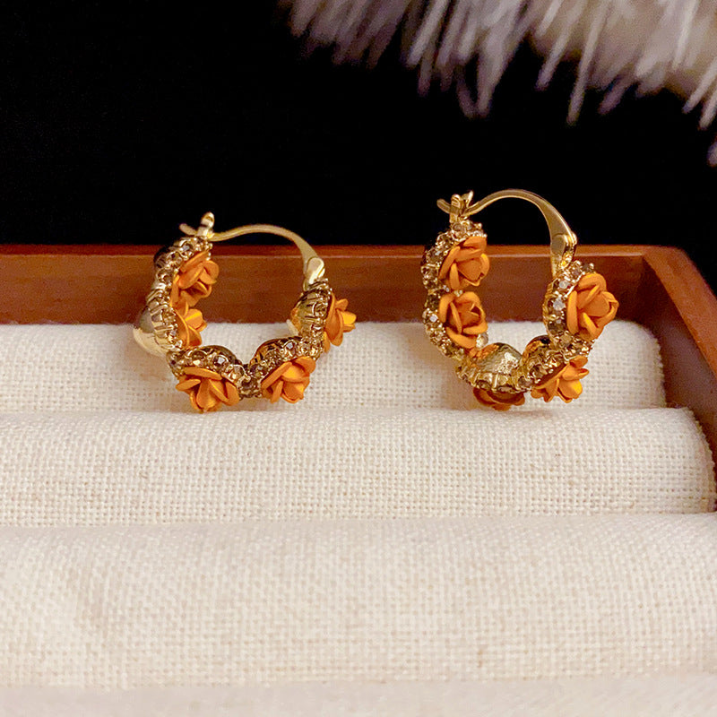 Rhinestone Enamel Flower Zirconia Hoop Earrings