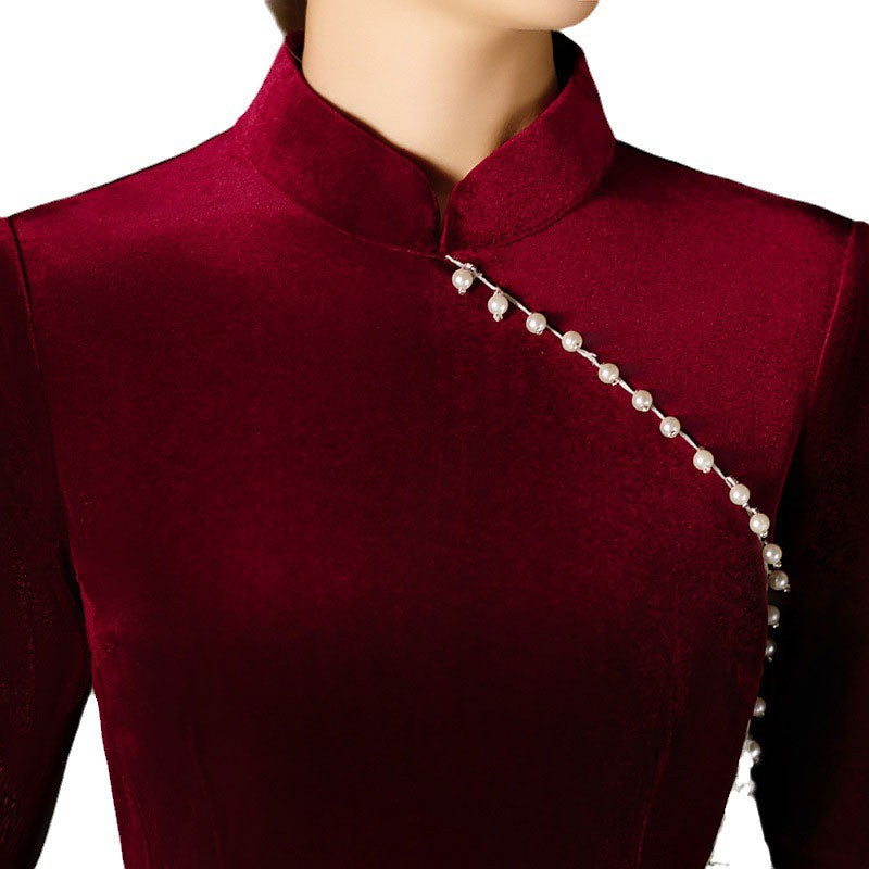 Red Black Beads Mothers Midi Velvet Cheongsam Qipao Dress