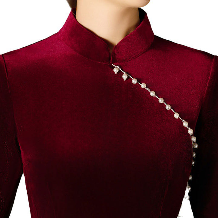 Red Black Beads Mothers Midi Velvet Cheongsam Qipao Dress