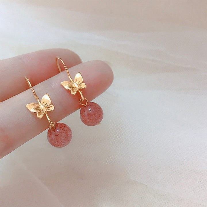 Glazed Butterfly Strawberry Quartz Drop Dangle Earrings