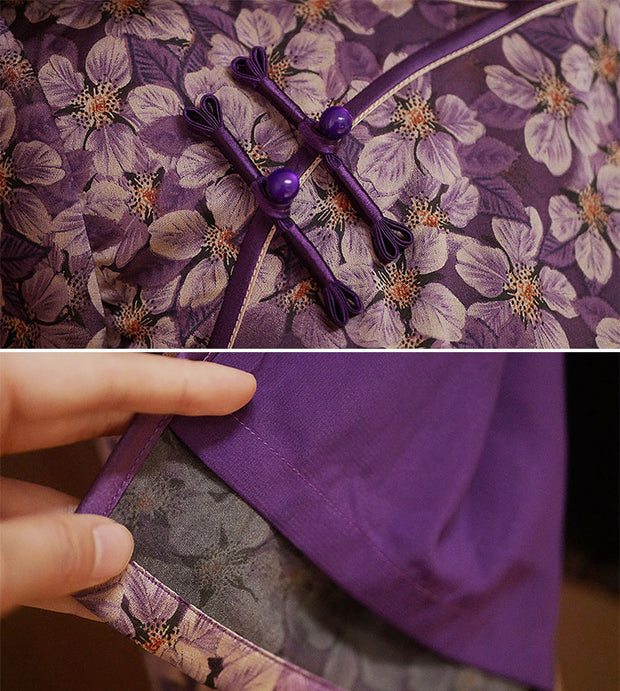 Purple Floral Print Mothers Cheongsam Qipao Dress