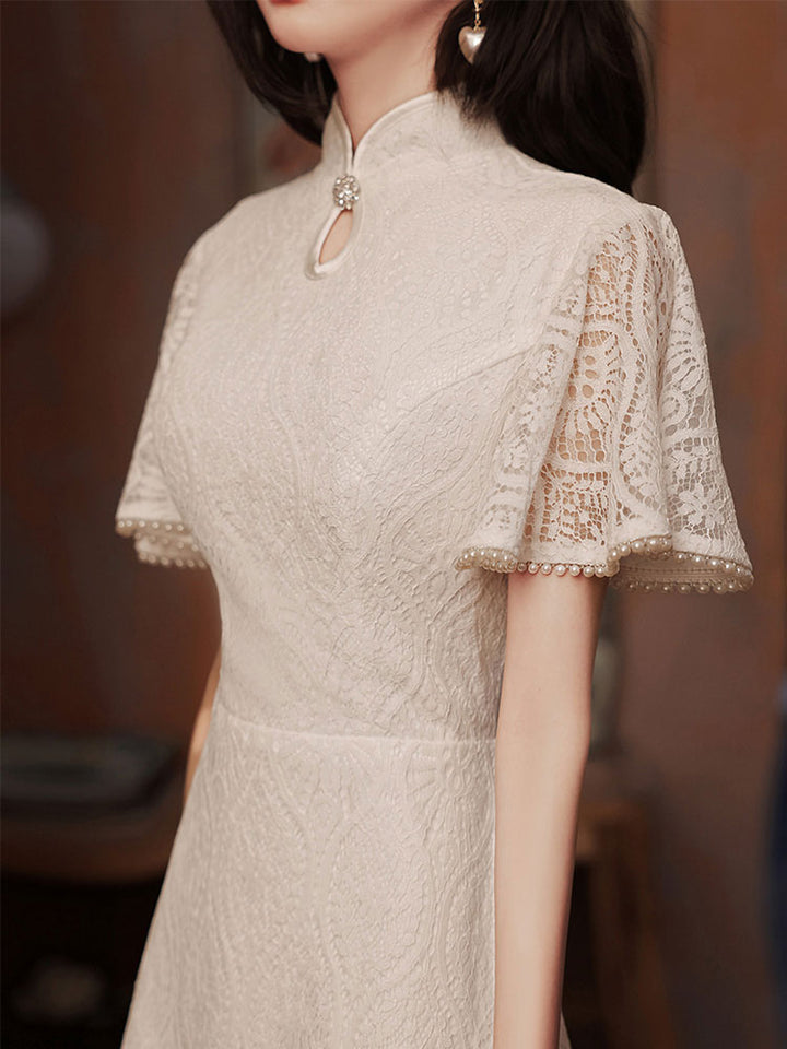 White Lace Flutter Sleeve A-line Cheongsam Qipao Dress