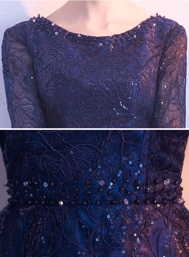 Sequined Blue Lace Midi A-Line Mothers Midi Party Dress
