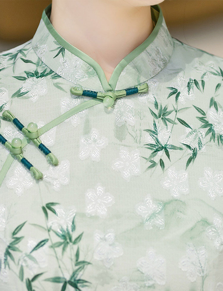 Green Gray Mothers Jacquard A-Line Cheongsam Qipao Dress