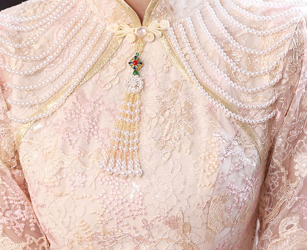 Pink Floral Lace Midi Engagement Cheongsam Qipao Dress