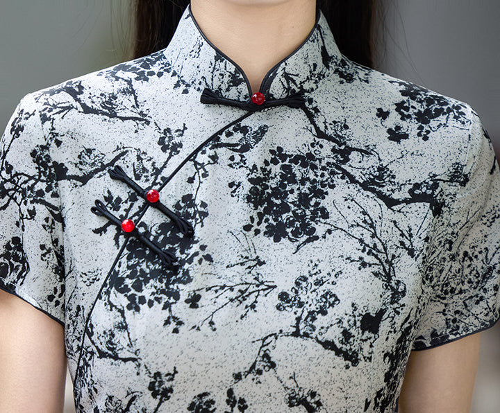2025 Gray Floral Print Cheongsam Qipao Dress