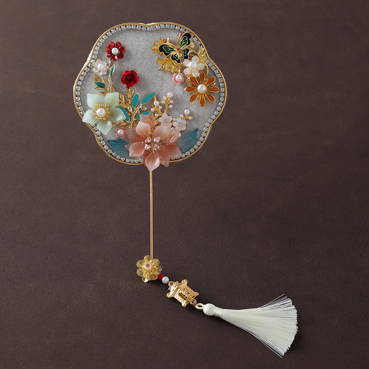 Mini Size Gray Blue Vintage Floral Hand Held Hexapetala Fans