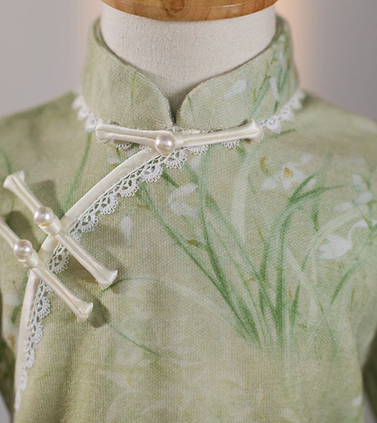 Green Floral Print Kids Girls Qipao Cheongsam Dress