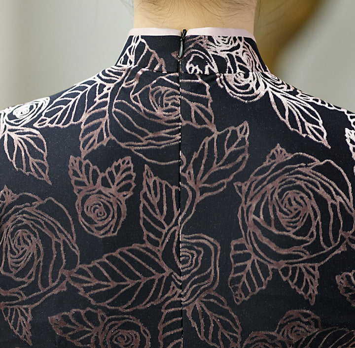 Black Floral Velvet Maxi Cheongsam Qipao Dress