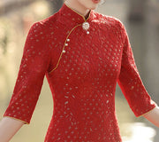 2023 Winter Red Lace Midi Qipao Cheongsam Dress