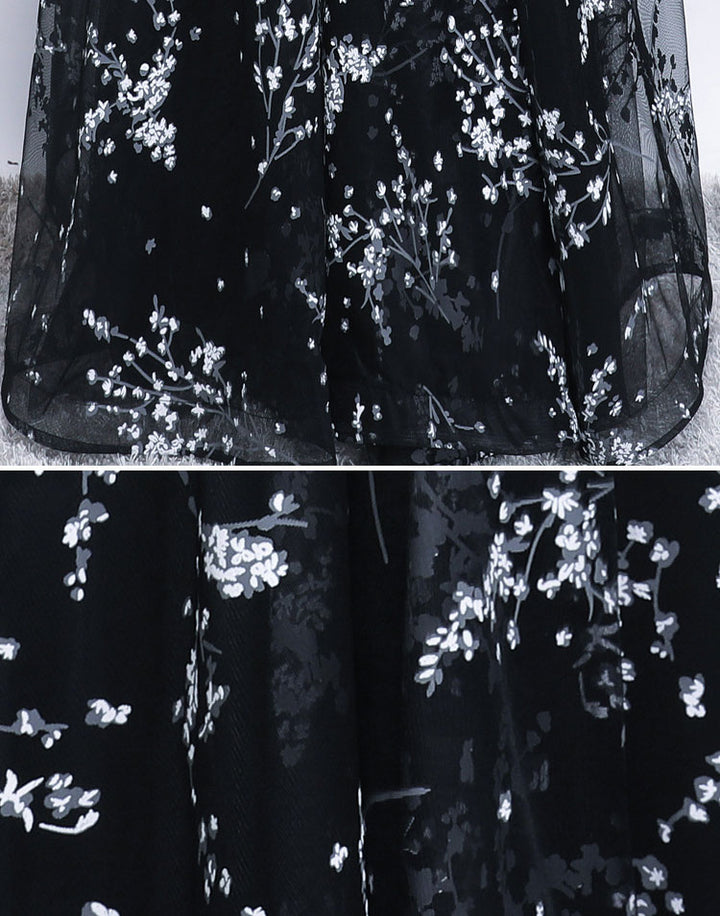 Black Gray Floral Fit & Flare Midi Dress