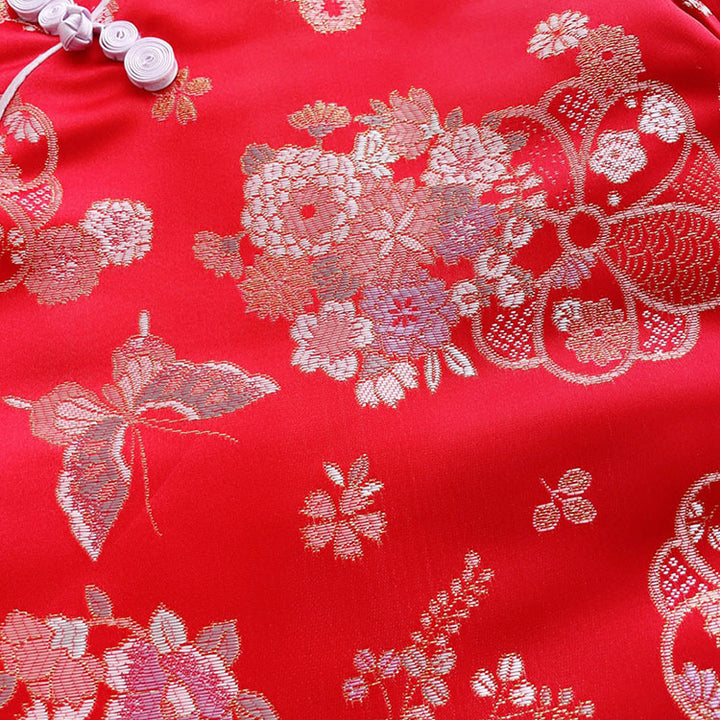 Pink Red Kid Girls Jacquard Floral Qipao Cheongsam Dress