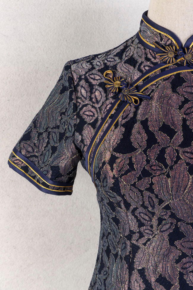 Bronzing Floral Lace Knee Length Qipao Cheongsam Dress