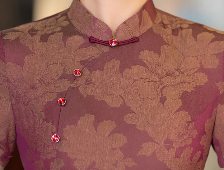 Fuchsia Blue Jacquard Mothers A-Line Cheongsam Dress