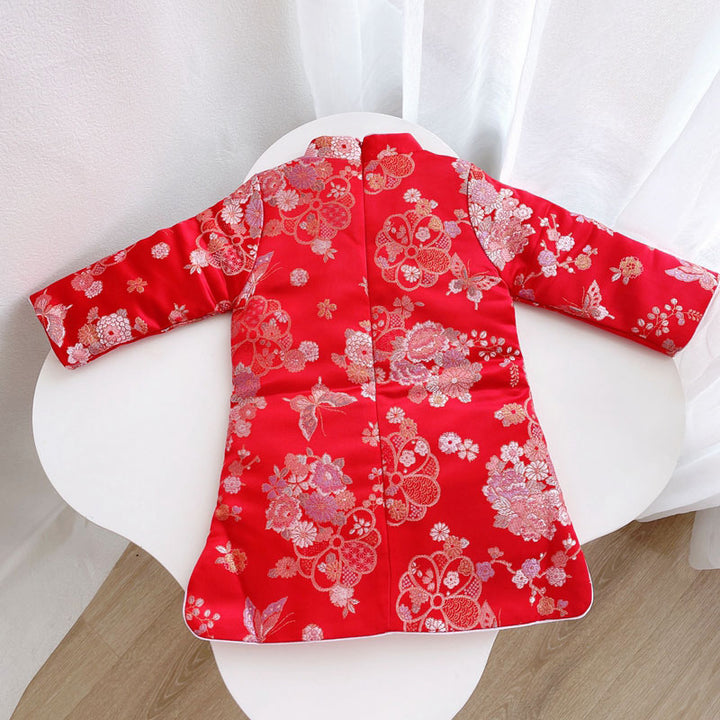 Pink Red Kid Girls Jacquard Floral Qipao Cheongsam Dress