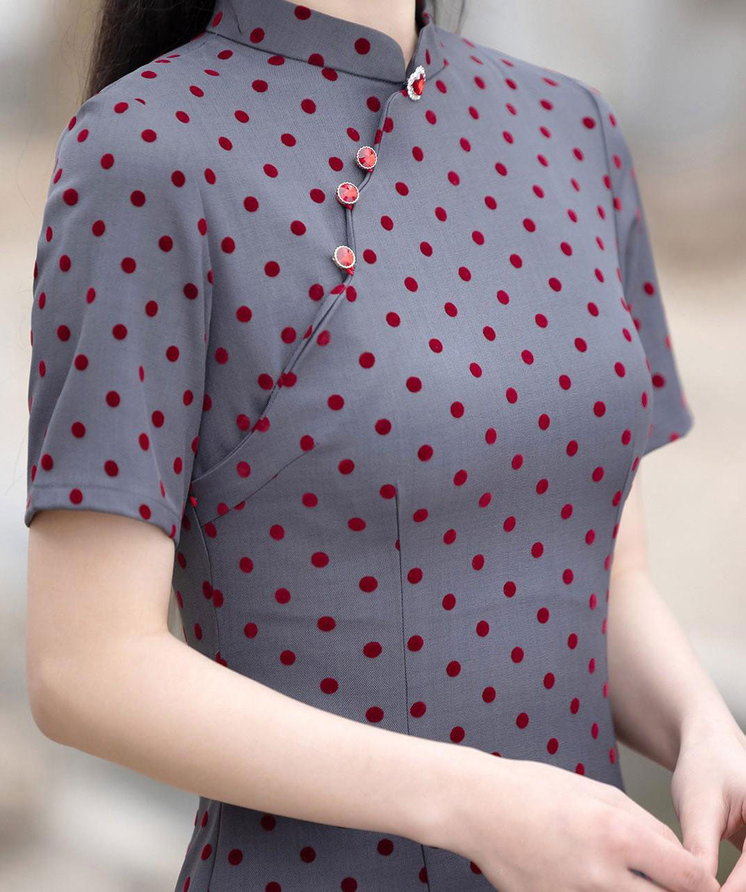 Gray Flocked Dots Midi Cheongsam Qipao Dress