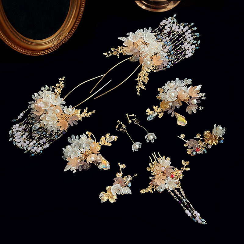 7 Pcs Wedding Bride Tassels Hair Flowers Pins & Earrings