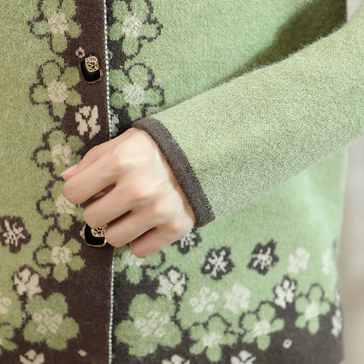 Green Floral Women Knit Buttons Cardigan Jacket