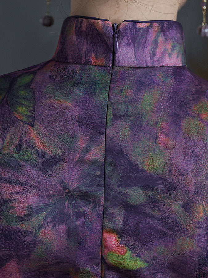 Purple Butterfly Print Long Cheongsam Qipao Dress